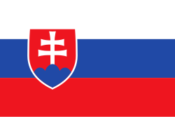 Flag of Slovakia featuring three horizontal stripes: white at the top, blue in the middle, and red at the bottom, with a shield containing a cross and three peaks on the left side.