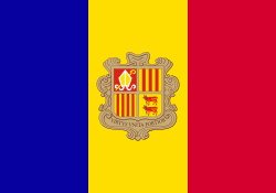 Flag of Andorra featuring vertical stripes of blue, yellow, and red with the national coat of arms at the center.