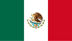 Flag of Mexico featuring vertical stripes of green, white, and red with the national coat of arms in the center.