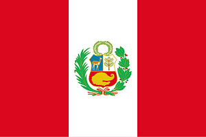 The flag of Peru featuring vertical red and white stripes with the national coat of arms centered on the white stripe.